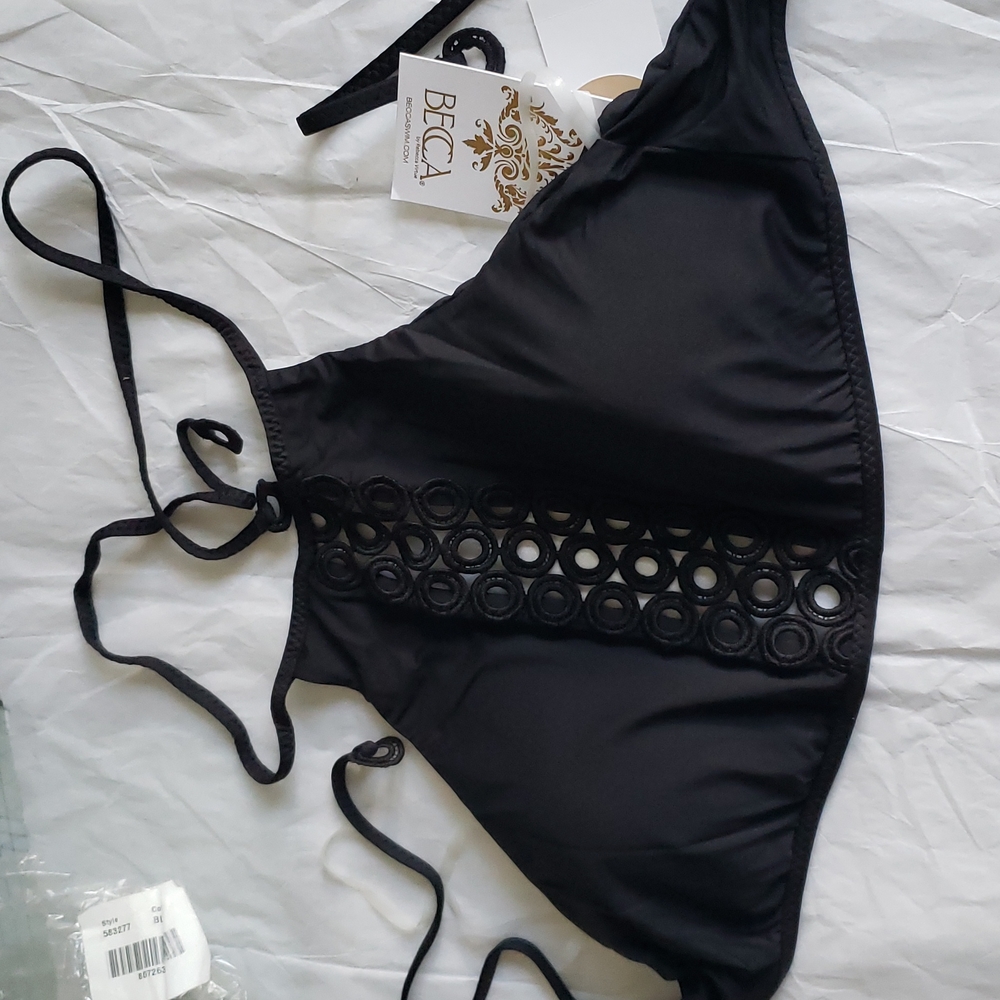 BECCA New BRA High Neck Bikini Top with Lace Macramé Inset NWT BLACK Sz D - Picture 7 of 15